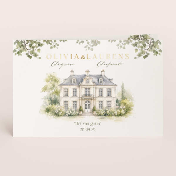 Liggende trouwkaart met aquarel illustratie van locatie TA0110-2600073-15-0