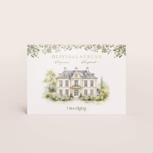 Liggend receptiekaartje met aquarel illustratie van trouwlocatie TA0112-2600018-15-0