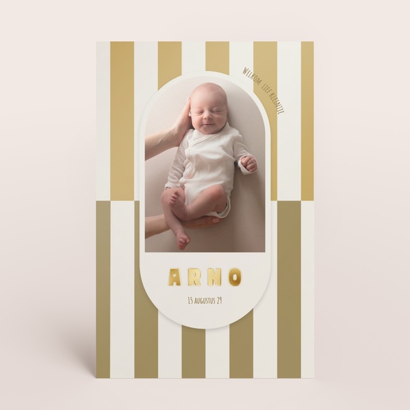 Staande geboortekaart met strepen in twee kleuren en foto TA05500-2600118-15-0