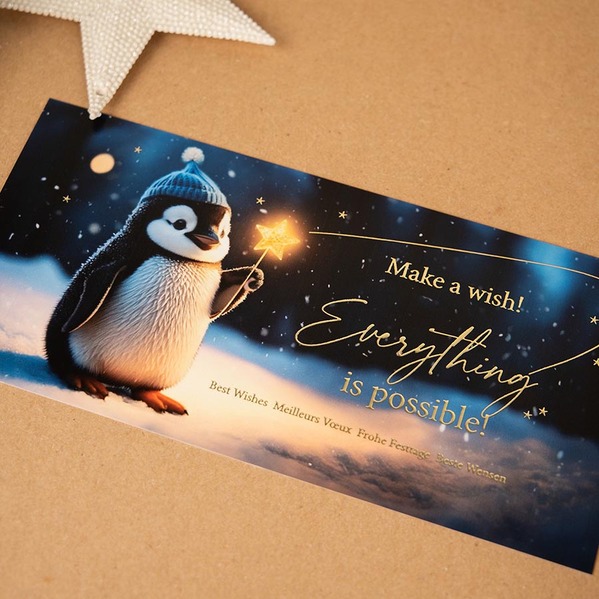 Zakelijke kerstkaart met pinguin en tekst in goudfolie TA1187-2600001-15-100