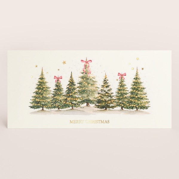 Zakelijke kerstkaart met goudfolie en kerstbomen met roze strikjes TA1187-2600005-15-0