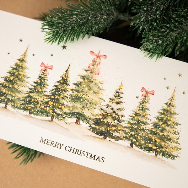 Zakelijke kerstkaart met goudfolie en kerstbomen met roze strikjes TA1187-2600005-15-100