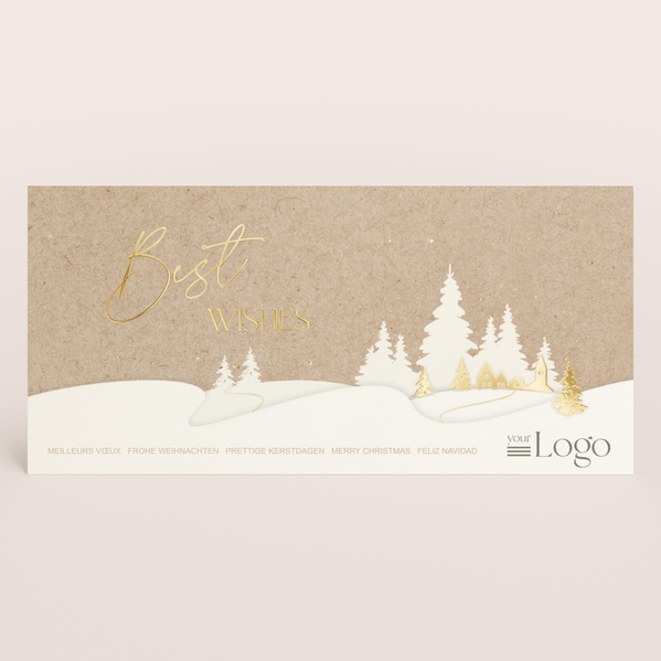 Zakelijke kerstkaart met kraftlook, wit sneeuwlandschap en goudfolie details TA1187-2600021-15-0