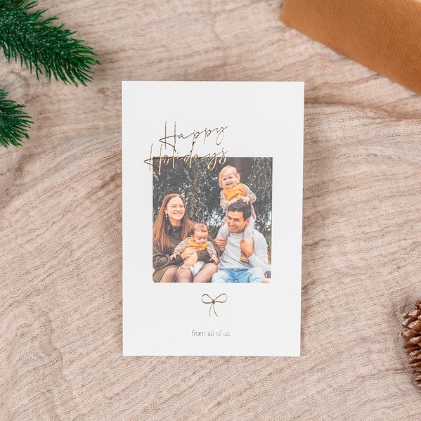 Staande kerstkaart 'Happy Holidays' met foto, strikje en goudfolie TA1188-2600035-15-100