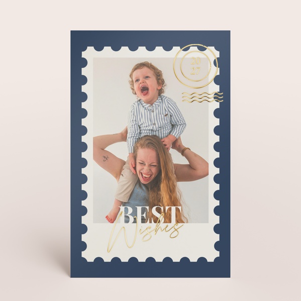 Blauwe kerstkaart met postzegeldesign, foto en goudfolie TA1188-2600084-15-0