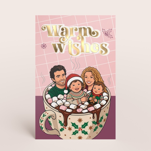Kerstkaart warm wishes met grappige AI-illustratie van familie in kopje TA1188-2600093-15-0