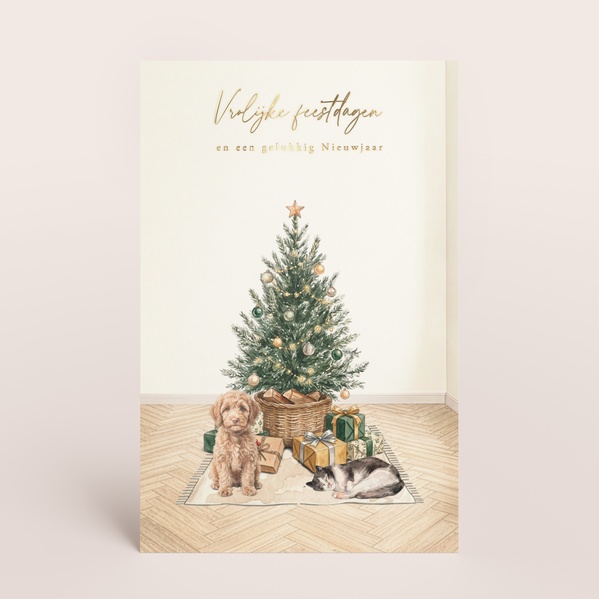 Kerstkaart met AI-illustratie van je huisdieren onder de kerstboom en goudfolie TA1188-2600106-15-0
