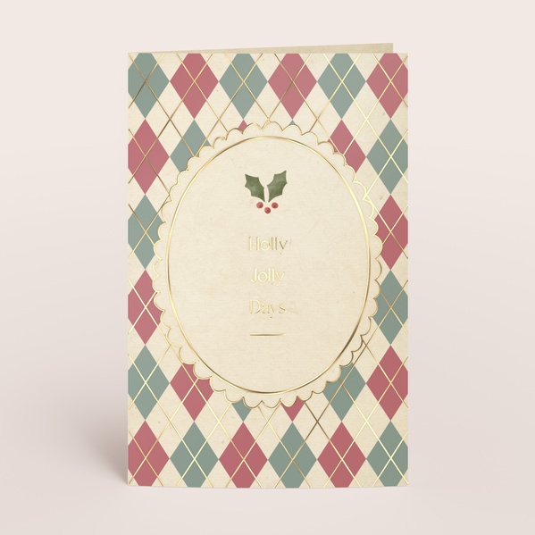 Kerstkaart met klassieke ruitjes en ovaal kader in goudfolie TA1188-2600115-15-0