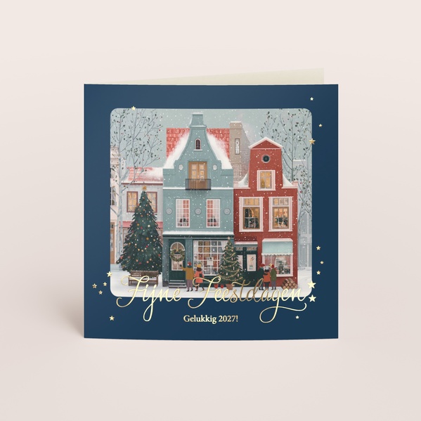 Dubbele kerstkaart met sfeervolle huisjes en goudfolie tekst TA1188-2600117-15-0