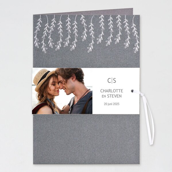 antraciet trouwkaart met takjes in folie en fotokaartje TA0110-1900019-15 1