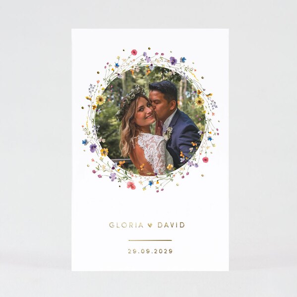 bedankkaartje bruiloft met bloemenkrans foto en goudfolie TA0117-2300025-15 1