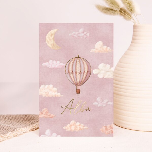 dromerig geboortekaartje roze met luchtballon wolkjes en folie TA05500-2300171-15 1