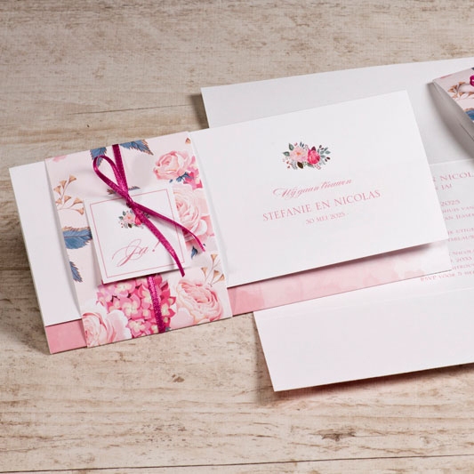 bohemian trouwkaart pochette met roze bloemen buromac 108053 TA108-053-15 1