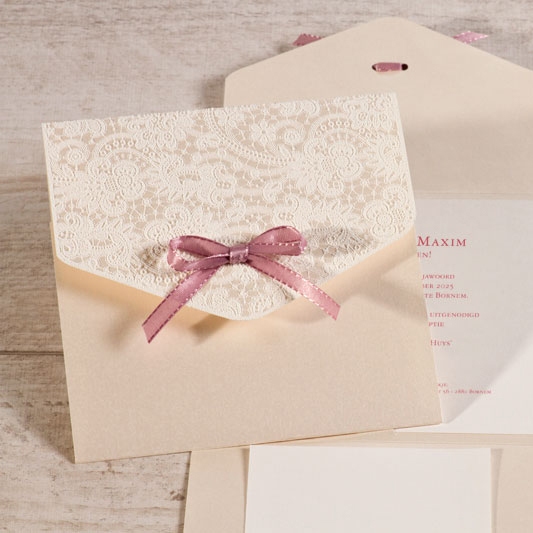 romantische trouwkaart met kantmotief en oudroze strikje buromac 108115 TA108-115-15 1
