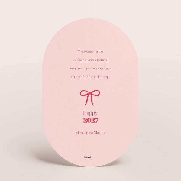 ovale kerstkaart met jaartal in roze en rood met strikje TA1188-2600095-15 2