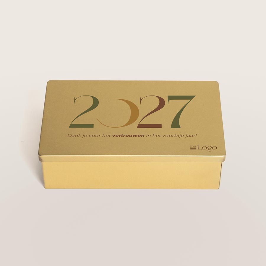 Sample Doos Gouden blikken doosje met chocolade met jaartal en bedrijfslogo - Small ...