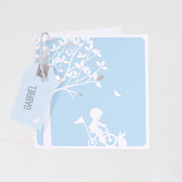lichtblauw geboortekaartje met silhouet fietsend jongetje buromac 507036 TA507-036-15 1
