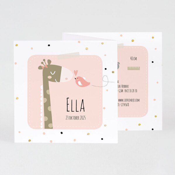 vrolijk roze geboortekaartje drieluik met giraf en confetti buromac 507044 TA507-044-15 1