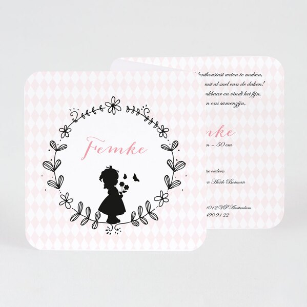 drieluik geboortekaartje met roze ruitje en silhouet meisje buromac 586014 TA586-014-15 1
